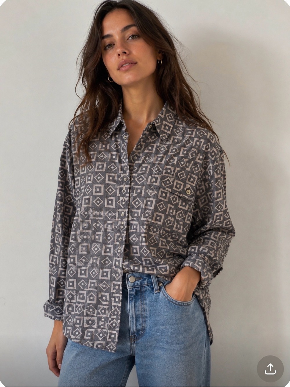 VTG Liz Wear petite small Grey Patterned Button-Up Shirt,90’s,geometric,cotton